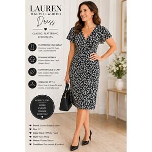 Lauren Ralph Lauren Faux Wrap Dress Black Floral Flutter Sleeve 12 Career Office